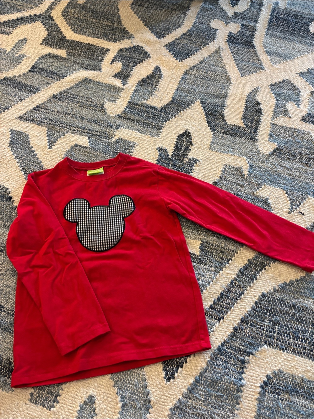Kids Red Long-Sleeve Top with Check Mickey Patch